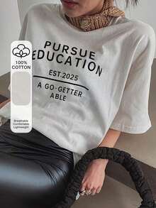Women's White Short-Sleeved Round Neck Graphic Tee With Letter Print, Loose Fit, For Spring/Summer - White - View 8