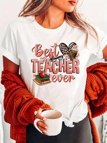 TrendyY - Camiseta con estampado de libro de profesor y letras rosas, manga corta, cuello redondo, top casual para verano y primavera, ropa de mujer para uso diario. - Blanco - Ver 7