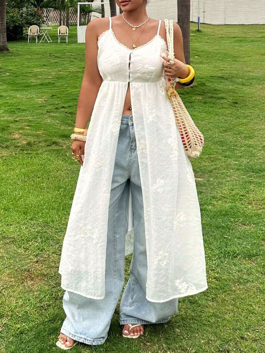 Plus Camiseta y top sin mangas de talla grande de unicolor, de longitud maxi, con textura bordada, elegante para vacaciones de verano - Blanco - Ver 1