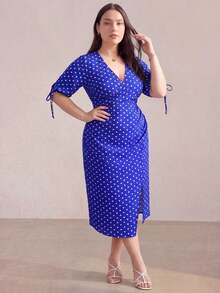 ELLERISSA Vestido midi envolvente con mangas abullonadas elegantes para mujer, vestido ajustado de lunares azules con cuello en V, vestido formal, vestido de fiesta, vestido de trabajo, vestidos talla grande para mujer, atuendos de oficina, atuendos de vacaciones para mujer, vestido midi, ropa formal para ocasiones - Multicolor - Ver 7