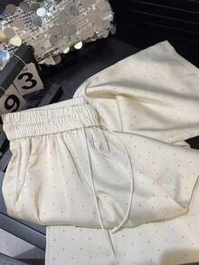 Pantalones rectos de cintura alta con goma elástica de satén, con brillos y anudado a la cintura - Beis - Ver 4