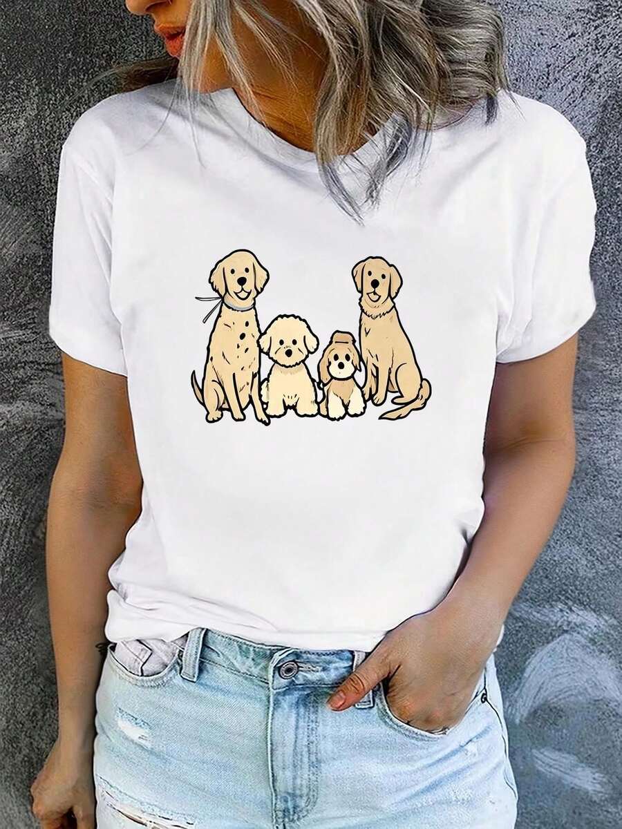 Women's Printed Short-Sleeved T-Shirt With Round Neck, Modern And Casual, Machine Washable, Comfortable Fit, 2D Flat Print, Casual 2D Blouses For Women. - 白色_08 - 查看 1