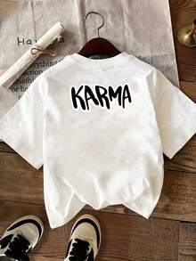 Camiseta de manga corta con estampado frontal y trasero, KARMA, camiseta casual de moda para mujer con un motivo de causa y efecto, top casual de manga corta y cuello redondo, adecuada para verano y primavera, ropa de mujer 100% algodón. - Blanco - Ver 3