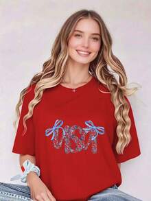Camiseta de Mujer de Color Sólido: Estampado Floral Vintage con Decoración de Lazo de Satén - Estilo Moderno - Rojo - Ver 12