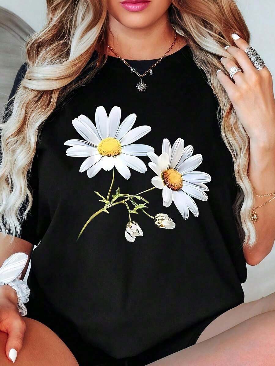 Arte Mexicano T Shirt With Daisy Flower Print For Casual Wear,Camiseta Algodón Familia Coordinada - Negro - Ver 1