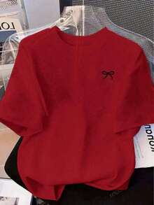 Camiseta Casual 2026, Tops de Verano, Estampado de Lazo, Corte Holgado, Manga Corta, Camisetas Sueltas y Cómodas, 100% Algodón, Duradera - Rojo - Ver 1