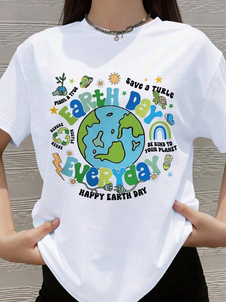 100% Cotton, Women's Earth Day T-Shirt, Graphic Print Awareness Tee: "Happy Earth Day Every Day", "", "Save A Turtle", "Plant A Tree", "Recycle, Reuse", "Be Kind To Your Planet". Earth Day Gift For Women, Men, And Children. - 白色 - 查看 1