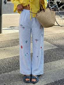 DORISS Summer Vacation Style Blue & White Plaid Wide-Leg Pants, High-Waisted Embroidered Casual Trousers For Daily Wear - Multicolor - View 4