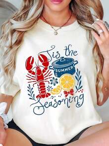 Summer T-Shirt With Lobster, Lobster Pot, Lemon And Flowers Print, With The Text 'It's The Spice Of Summer', For Beach And Casual Wear. Women's Casual Blouse - 白色 - 查看 7