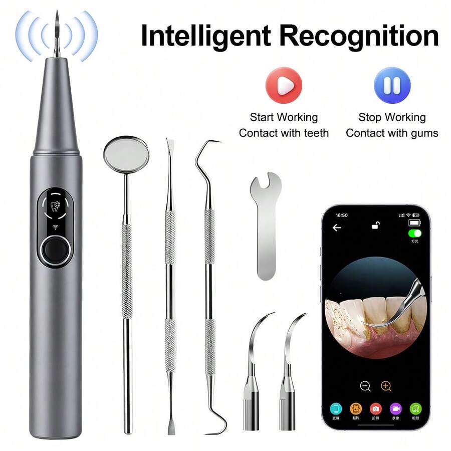 Hailicare 可視化超音波牙齒清潔器,5種模式,500萬像素HD攝像頭,IPX6防水,Type-C充電,便攜式牙科清潔工具,灰色 - 查看 1