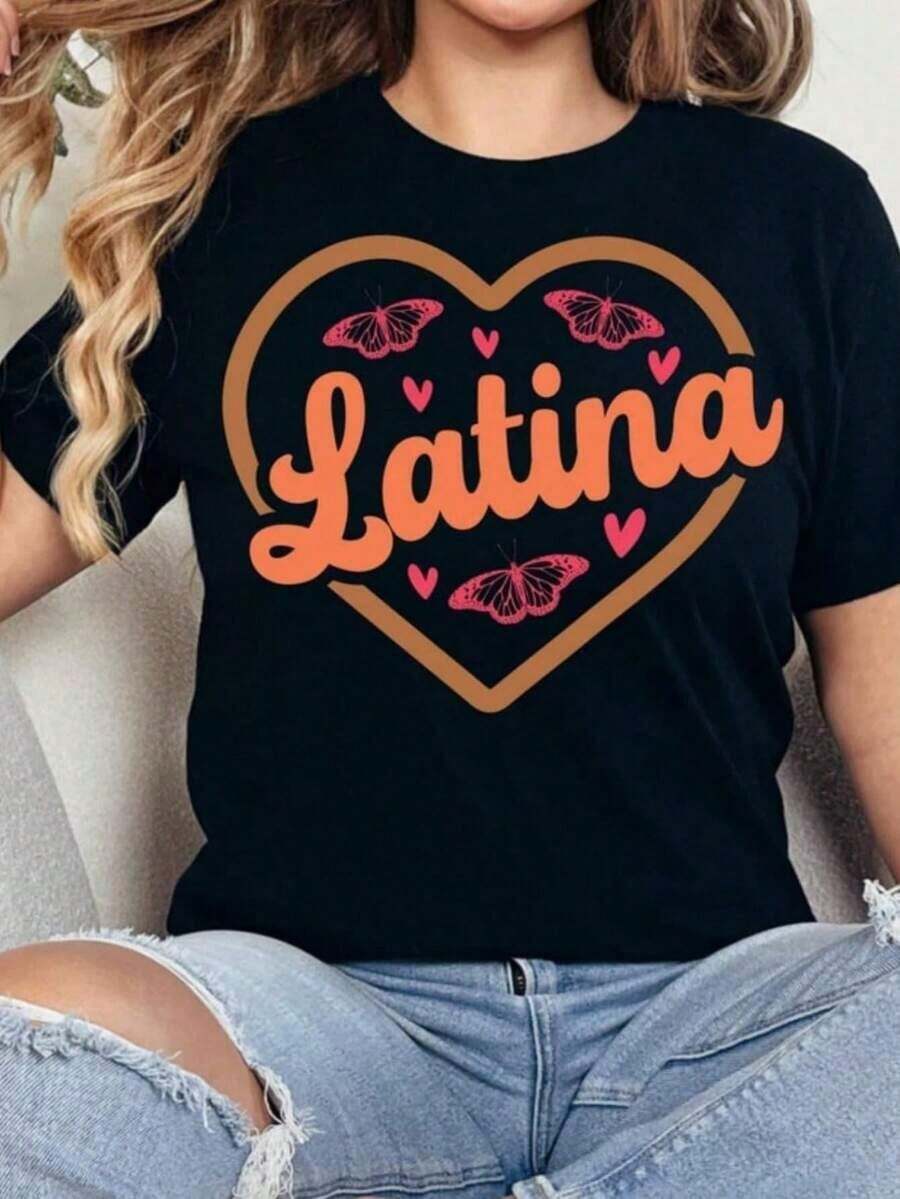 Camiseta Casual con Corazón Latino, Camiseta Orgullo Mexicano, Camiseta Poder Latino, Camiseta Orgullo Latino, Camiseta Divertida para Mujer Latina, Camiseta Herencia Hispánica. Camiseta de una pieza de manga corta con cuello barco y color sólido para mujer, adecuada para el verano, se combina con camisas estampadas, blusas de mujer y camisetas estampadas de manga corta. Ropa de MujerModa - Negro - Ver 1