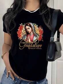 Camiseta con Estampado Floral de la Virgen María, 180g, 1 Pieza, Arte Religioso, Camiseta Casual para Mujer, 100% Algodón, Estilo Vintage Espiritual - Negro - Ver 1