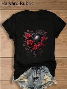 Una camiseta de manga corta para mujer, moderna, a la moda, retro, casual y holgada, adecuada para actividades al aire libre en primavera y verano, 1 pieza.Camiseta de cuello redondo multicolor, estilo gótico oscuro, estilo Y2K, moderna, retro y transpirable, moda urbana, casual y versátil - diseño en forma de corazón, elementos florales oscuros y rosa roja, capullo de rosa roja en la parte inferior.blusas para mujer,blusas casuales para dama,tops,, mujer premium,y2k,playeras de mujer curvy,ofertas y liquidaciones ropa mujer,playeras deportivas para mujer,,playeras de hombre, mujer,blusas>elegante UUUV - Negro - Ver 1