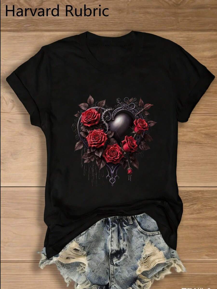 Una camiseta de manga corta para mujer, moderna, a la moda, retro, casual y holgada, adecuada para actividades al aire libre en primavera y verano, 1 pieza.Camiseta de cuello redondo multicolor, estilo gótico oscuro, estilo Y2K, moderna, retro y transpirable, moda urbana, casual y versátil - diseño en forma de corazón, elementos florales oscuros y rosa roja, capullo de rosa roja en la parte inferior.blusas para mujer,blusas casuales para dama,tops,, mujer premium,y2k,playeras de mujer curvy,ofertas y liquidaciones ropa mujer,playeras deportivas para mujer,,playeras de hombre, mujer,blusas>elegante UUUV - Negro - Ver 1