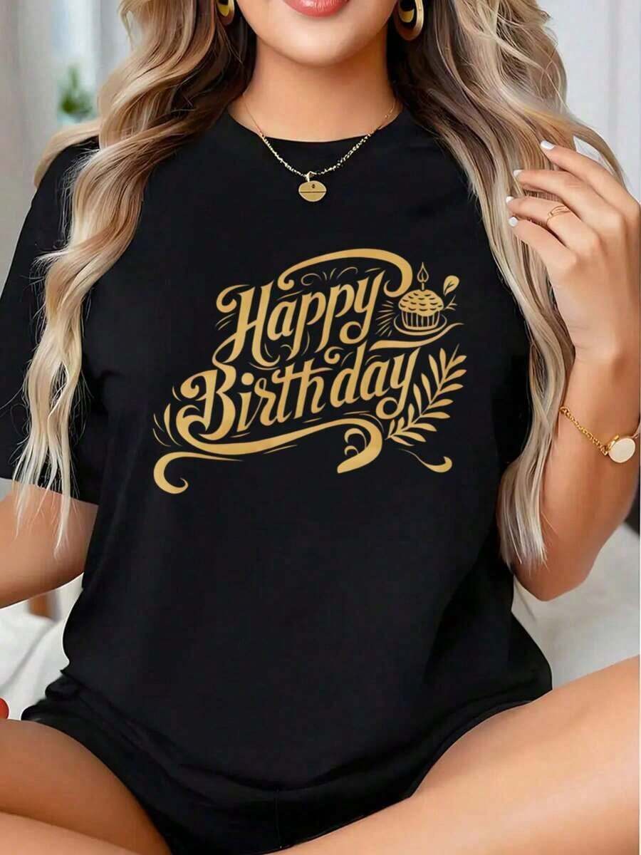 Camiseta de Celebración de Cumpleaños con Elegante Escritura y Diseño de Cupcakes, Perfecta para Fiestas de Cumpleaños y Eventos Festivos - Estilo Urbano Vintage, Unisex, de Algodón, Manga Corta, Cuello Redondo, 100% Algodón - Negro - Ver 1