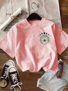 [Double-Sided Printing] Women's Summer T-Shirt, Mysterious Style, Palm, Crystal And Butterfly Print, Pure Cotton, Casual Daily Wear, Round Neck, Short Sleeve T-Shirt, Comfortable And Soft, Cotton T-Shirt For Daily Wear. - 粉紅色 - 查看 3