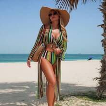 Traje de baño de tres piezas a rayas de nuevo estilo y a la moda con bikini de cobertura. - Patrón 2 - Ver 10