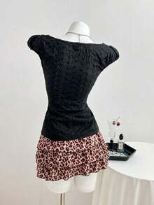 Blusa transparente con textura y escote en V de manga corta para mujer, de verano - Negro - Ver 5