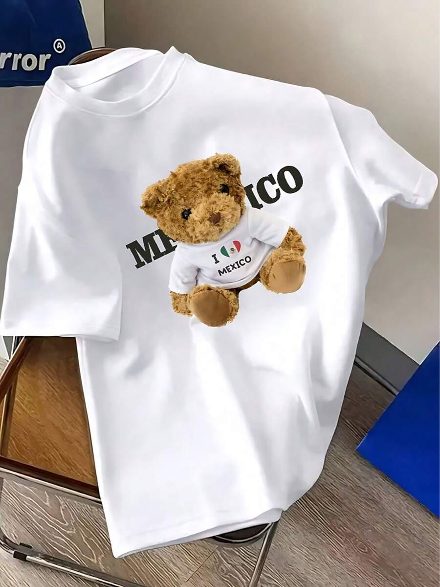 Camiseta de manga corta unisex con estampado de oso adorable para verano, corte holgado, 100% algodón, diseño clásico en blanco y negro versátil, apta para usar todo el año. - Blanco - Ver 1