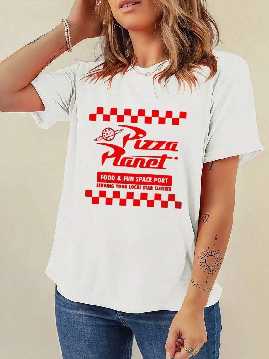 Camiseta Casual de Algodón Grueso de 180g para Mujer Payeah, con Estampado Digital de Pizza Planet, 100% Algodón (1 Pieza) - Blanco - Ver 1