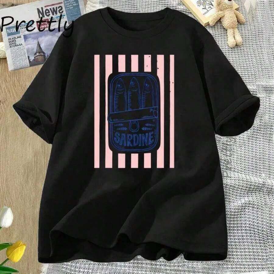 Camisetas Casuales Unisex para Salidas de Verano, Camiseta con Estampado de Sardinas en Conserva, Camiseta Gráfica Retro de Mariscos para Mujer, Camiseta Casual de Algodón de Manga Corta con Cuello Redondo, Ropa de Mujer C260224, Sudadera de Estilo Minimalista, Moda - Negro - Ver 1