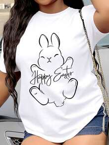 Playeras de mujer de algodón, camiseta con diseño de conejo de Pascua, camiseta gráfica de primavera para mujer, top casual de manga corta para la celebración de Pascua. - Blanco - Ver 1