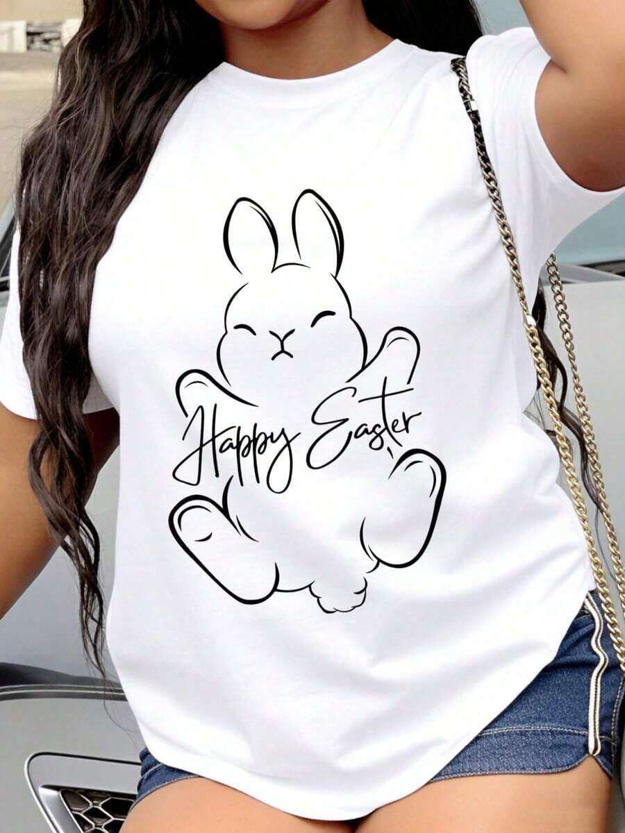 Playeras de mujer de algodón, camiseta con diseño de conejo de Pascua, camiseta gráfica de primavera para mujer, top casual de manga corta para la celebración de Pascua. - Blanco - Ver 1
