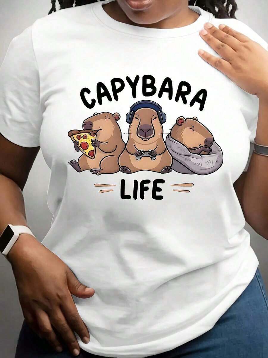 100% algodón, Camiseta de Mujer, Talla Grande con Estampado Gráfico de un Capibara Comiendo Pizza, Jugando o Durmiendo, Ropa Casual para Mujer, Hombre, Unisex, Estilo Urbano, Top de Moda. - Blanco - Ver 1