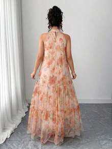 Vestido de malla floral sin mangas elegante para mujer de talla grande - Naranja Coral - Ver 2