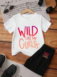 Conjunto de 2 piezas "WILD LIKE MY..." con estampado de letras - Camiseta de manga corta y pantalones cortos de cintura elástica para primavera y verano, ropa casual para uso diario (Wild & My...) Diseños), Perfecto para Exteriores - Blanco - Ver 7