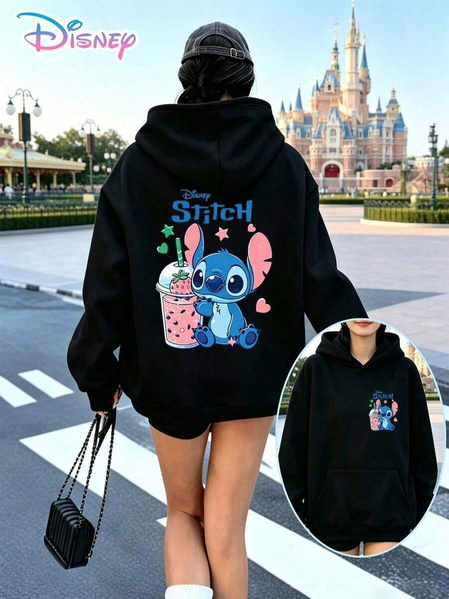 Disney Lilo & Stitch Y2K Print Sweatshirt. A Fun, Loose-Fitting Top With Heart, Star, And Stitch Prints. A Casual And Versatile Choice, Perfect For Holiday Gifts. (Women's Autumn/Winter Clothing/Elegant Women's Outfits/Patterned Hoodies/Printed Tops/Casual Outfits For Women/Women Trending Now/Holiday Co-Ord/Plus Size Friendly) - màu đen - Xem 1
