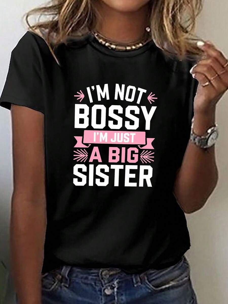 Camiseta casual de manga corta y cuello redondo para mujer, perfecta para primavera y verano, con un diseño de hermana dominante