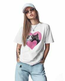 Women's T-Shirts, Cotton T-Shirt With Heart Print, Couple Of Cats, Cute Animal, Round Neck, Short Sleeve, Casual Style, Loose Fit, Black, Size M - 白色 - 查看 2