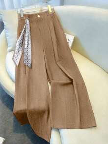 Pantalones de pierna ancha con cintura alta elástica y bolsillos fruncidos en azul marino, con decoración elegante de cinta estampada, versátiles para ocasiones casuales, formales, de fiesta y de vacaciones en primavera/verano - Blanco - Ver 9