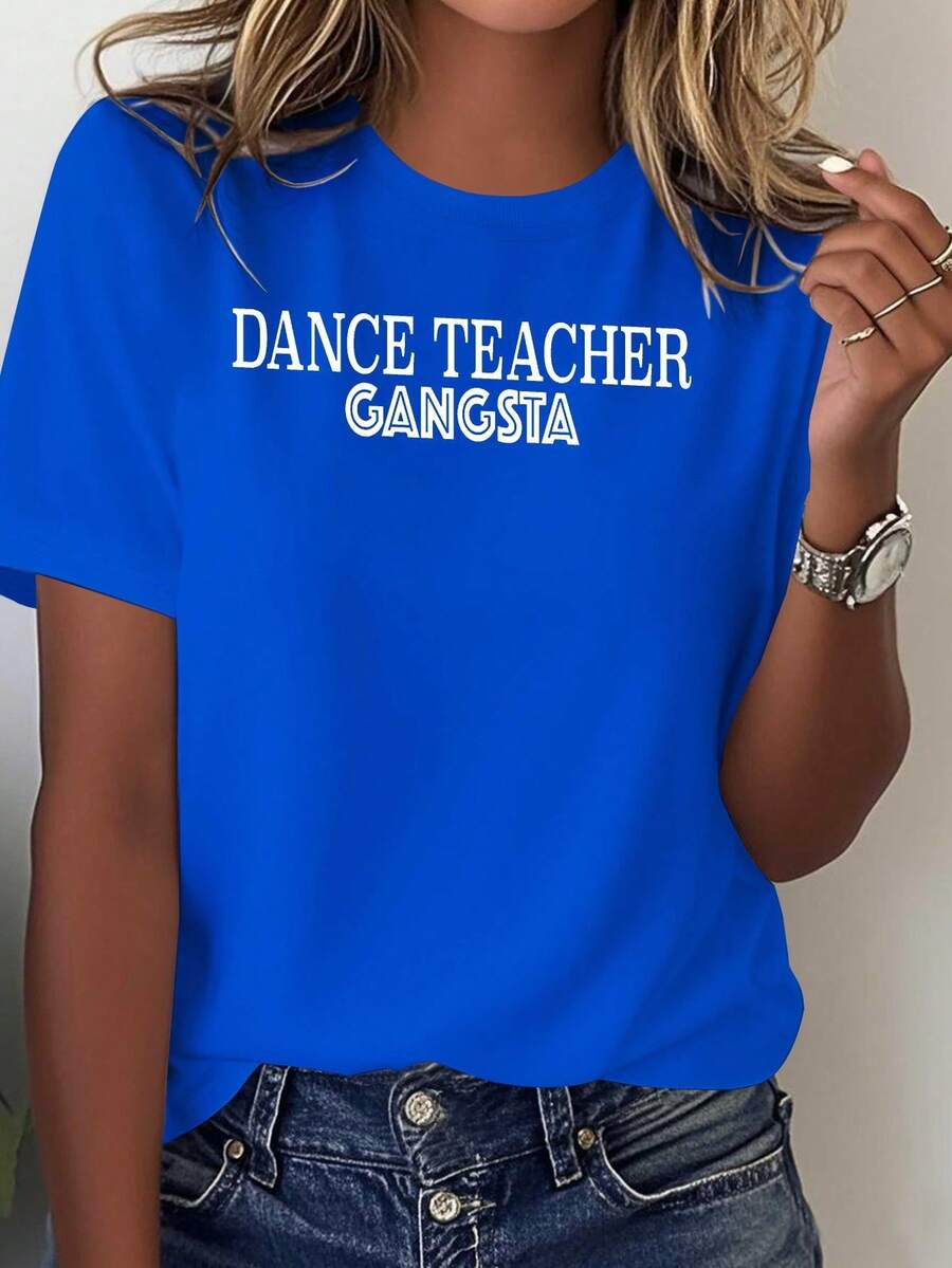 Dance Teacher T-Shirt - Casual Style, Printed With The Text "DAN TEACHER", Suitable For All Seasons, Dance Studio Clothing For Teachers And Performers, Machine Washable T-Shirt, Blouses For Women. - 藍色 - 查看 1