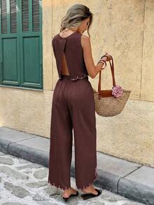 Frenchy 2 piezas Conjunto de top de tirantes bordado y pantalones casuales versátiles para vacaciones de mujer - Gris - Ver 2