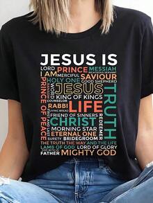 Camiseta Unisex para Hombres y Mujeres con Estampado de Texto Religioso "Jesús es Cristo", Cuello Redondo, para Pascua, Navidad, Día de Acción de Gracias, Prenda con Declaración de Fe, Idea de Regalo Cristiano para Familiares y Amigos, Lavable, Opción Casual para Fiestas y Regalos, playeras de mujer - Negro - Ver 7