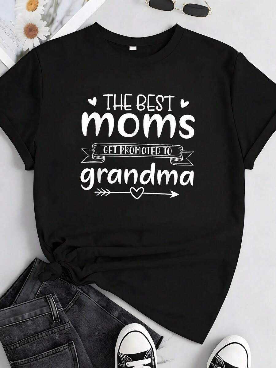 1 Piece Funny Graphic T-Shirt For Women With The Phrase "The Best Moms Get Promoted To Grandma", 180 G/M² T-Shirt, Black With Text, Mother's Day Gift, 180 G, 100% Cotton. - Black 1 - 查看 1