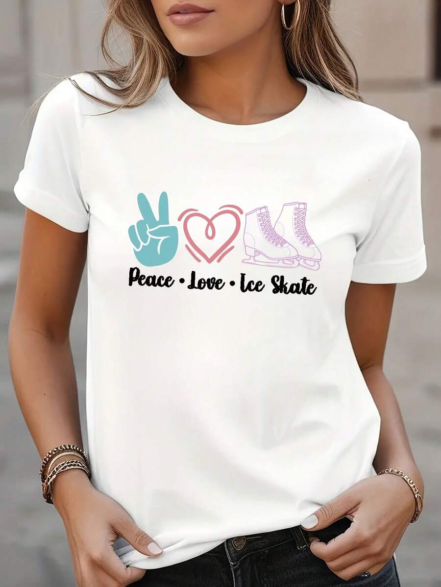 1 T-Shirt With Roller Skate Print, Short Sleeve, Round Neck, Casual Style For Summer And Spring, Women's Clothing, 180g 100% Cotton. - 白色 - 查看 1