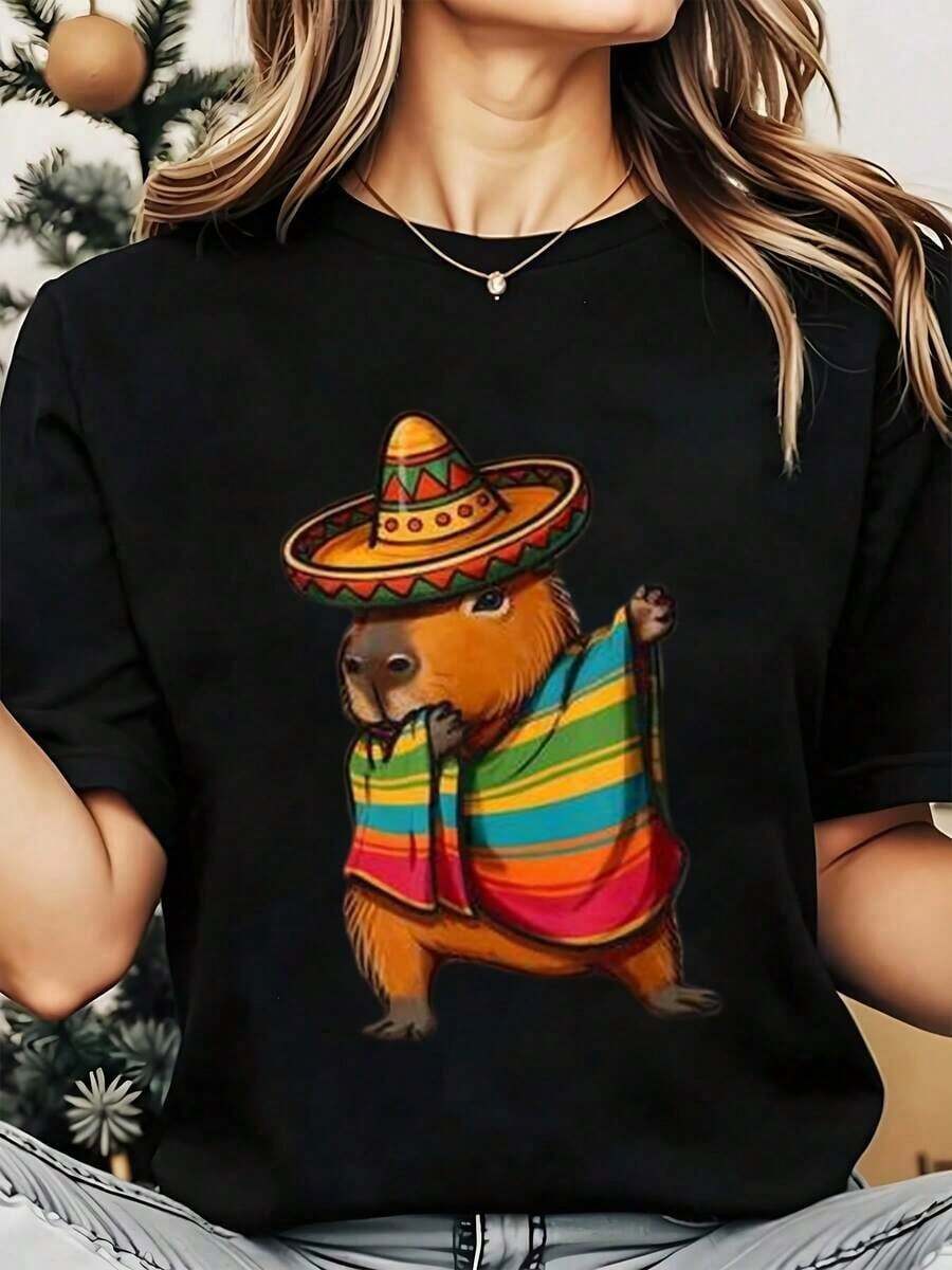 Women's Crew Neck T-Shirt With Adorable Capybara Print, Mexican Hat And Serape, Casual Party Wear, Cinco De Mayo Celebration, 220g, Loose Fit T-Shirt For Women - 黑色 - 查看 1