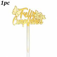 1pc/3pcs Gold Acrylic Butterfly & Rose Cake Topper, Birthday Party Decoration - Multicolor - View 13