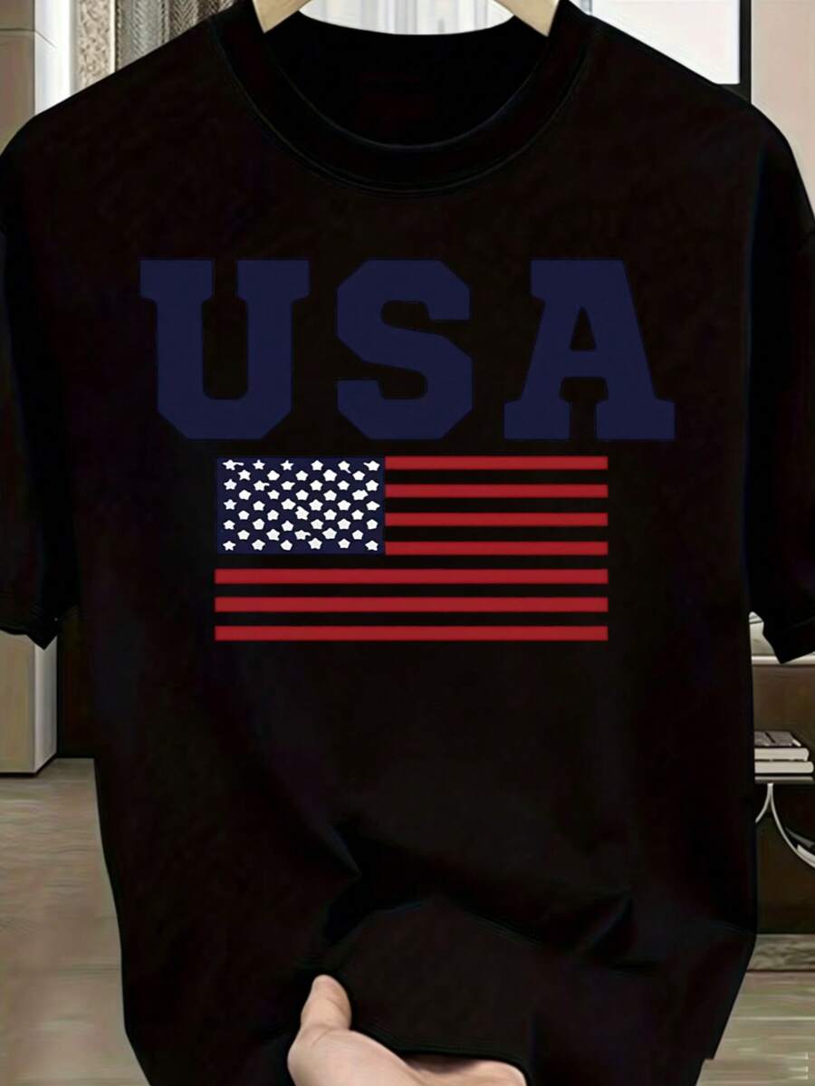 MPLSL|Camiseta de moda de Milán con estampado, blusa casual de mujer de manga corta y cuello redondo para primavera y verano|Camiseta negra con estampado de EE.UU. y bandera estadounidense - Negro - Ver 1