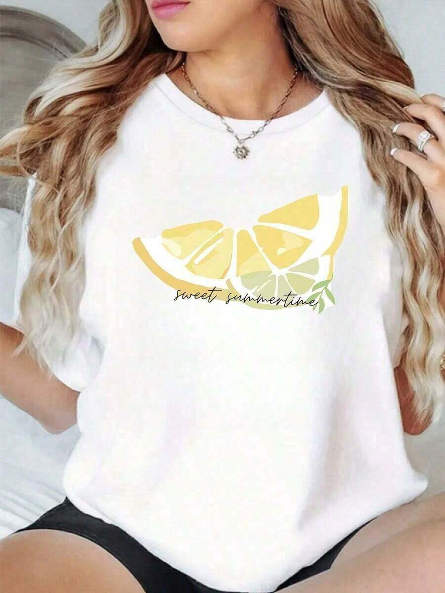 CasualBasic 1 pieza Camiseta con estampado gráfico de rodaja de limón para mujer, estilo casual de verano, 100% algodón, cuello redondo, corte holgado. Camiseta cómoda para uso diario, ropa de algodón para mujer. - Blanco - Ver 1