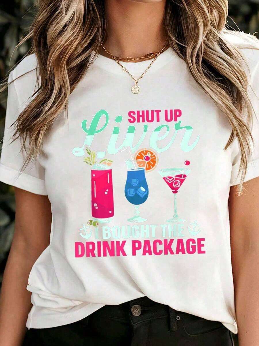 Women's 100% Cotton T-Shirt With Fun Cruise Ship And Drink Pack Print, Round Neck, Short Sleeve, Comfortable All-Season T-Shirt, Funny Graphic Tees For Women, For Casual Holiday Outfits - 白色 - 查看 1