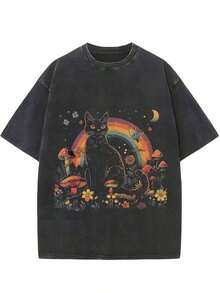 Camiseta lavada de 230 g, estampado bohemio de flores de hongo y gato lindo, algodón de alta calidad con estampado de cera, lavable a máquina, con un cierto grosor adecuado para camisetas de verano, actividades al aire libre, regalos de vacaciones. - Negro - Ver 6