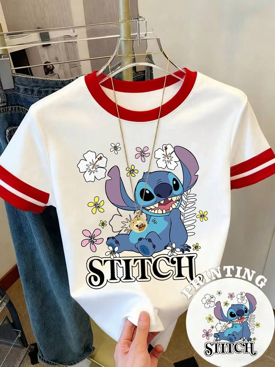 Disney Licensed Women's Y2K Color Block Summer Crew Neck Short Sleeve T-Shirt - Breathable Crew Neck Casual Top With Lilo & Stitch Stitch Graphic Design For Everyday Wear. - trắng - Xem 1