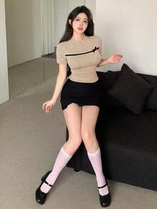 Camiseta de punto de manga corta para mujer con bloqueo de color - Negro - Ver 2