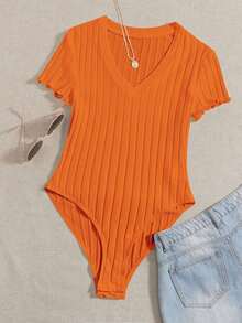 Body De Punto Acanalado Sólido Con Cuello En V Para El Verano - Naranja - Ver 7