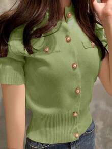 Cárdigan casual de mujer de punto ajustado de manga corta y de una sola hilera de botones - Verde - Ver 5