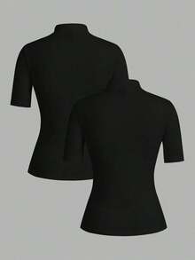 Set de 2 camisetas de manga larga y cuello alto ajustadas como capa base para mujer, adecuadas para la transición de otoño y para salir - Negro 2 - Ver 2